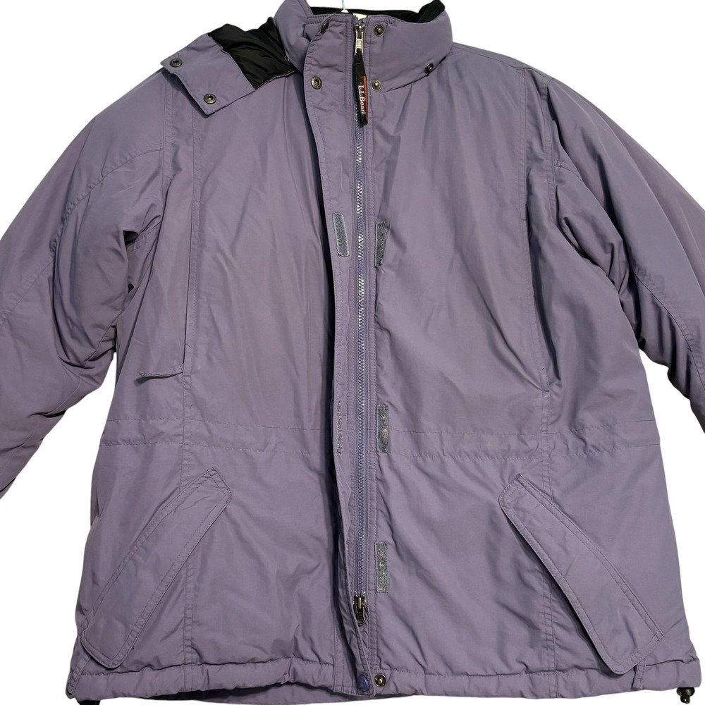 LL Bean Down Puffer Parka Jacket Womens Petite Large Purple Hooded Damage DL-301